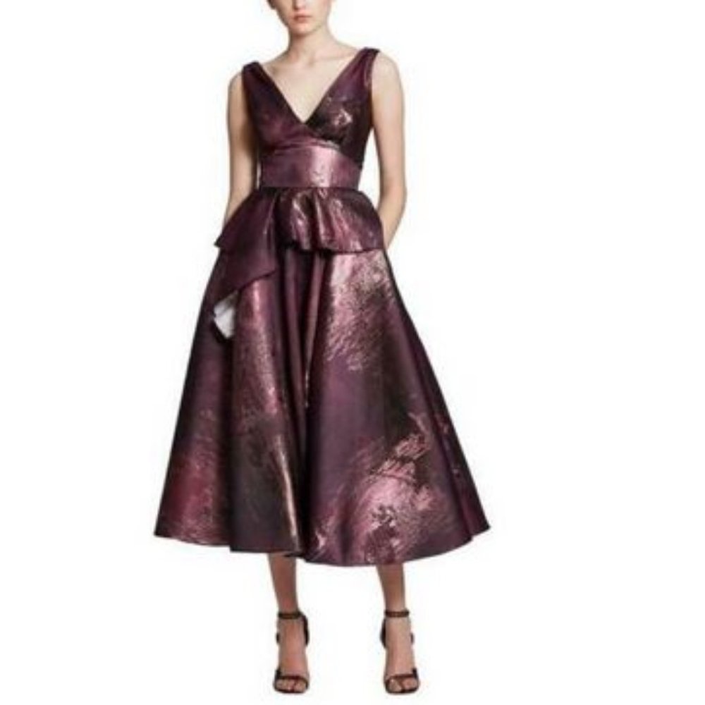 NWT Marchesa Notte Purple V-neck Metallic Jacquard Dress 10
